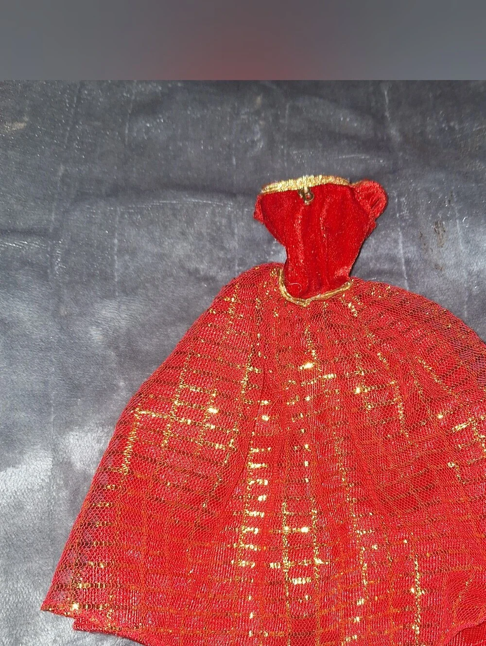 Vintage Barbie Dress~Ball Gown~Red & Gold~Metallic Mesh~Mattel~80s/90's